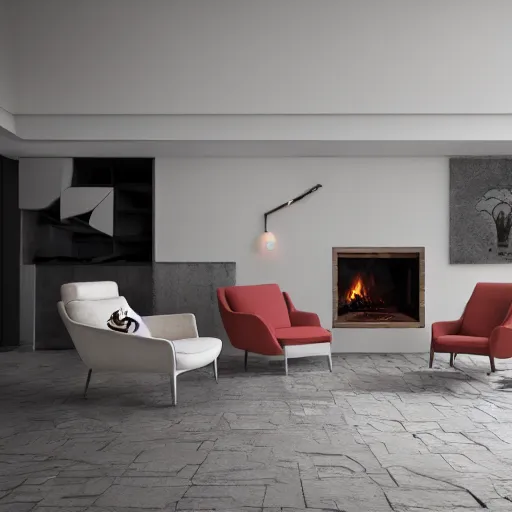 Image similar to two armchairs sitting in front of a cosy fireplace, modern home design interior, octane render, hyperrealistic, concrete archetecture, vray, volumetric lighting, cinema 4 d, unreal engine