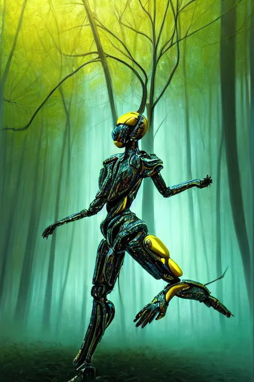 Image similar to hyperrealistic post - symbolism cinematic super expressive! black woman with exoskeleton armor, merging with tree in a forest, highly detailed digital art masterpiece, smooth cam de leon eric zener dramatic pearlescent soft teal yellow light, ground angle hd 8 k, sharp focus