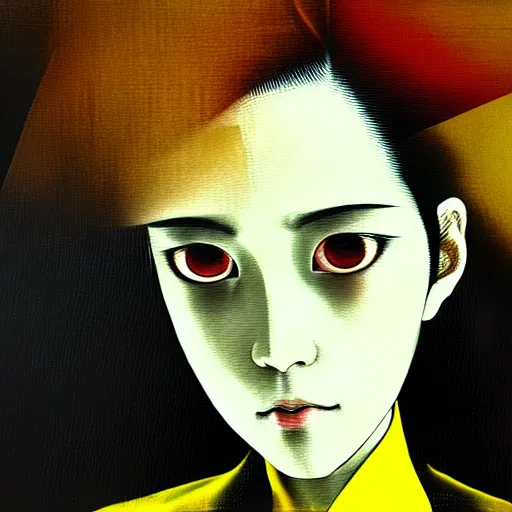 Image similar to yoshitaka amano blurred and dreamy realistic three quarter angle horror portrait of a sinister young woman with short hair and yellow eyes wearing office suit with tie, junji ito abstract patterns in the background, satoshi kon anime, noisy film grain effect, highly detailed, renaissance oil painting, weird portrait angle, blurred lost edges