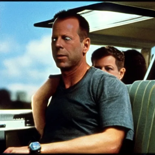 Image similar to bruce willis learning to fly in the back of a bus, realistic photograph, vintage