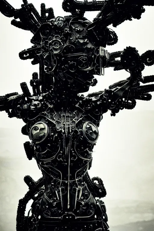 Image similar to mystic landscape, abstract black leather, gear mecha, beautiful woman body, detailed acrylic, grunge, intricate complexity, photo by greg rutkowski, high fashion, and by alberto giacometti, peter lindbergh