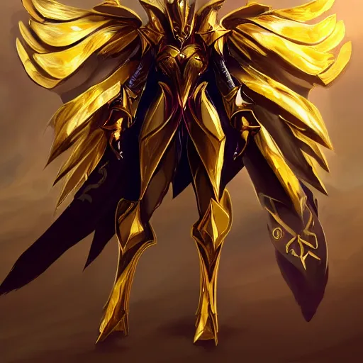 Image similar to cinematic, hyperdetailed elegant beautiful stunning league of legends azir armor fanart gold armored bird wings regal gold sunray shaped crown, warframe, destiny, octane