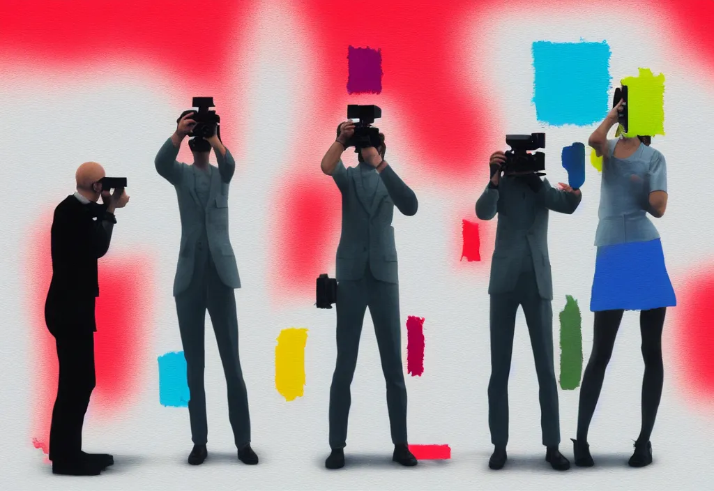 Image similar to full body portrait of a trio of european tourists with nikon cameras, various poses shooting photos, character designs painting, in the style of wes anderson, rene magritte, lola dupre, david hockney, isolated on white background, dark monochrome neon spraypaint accents volumetric octane render