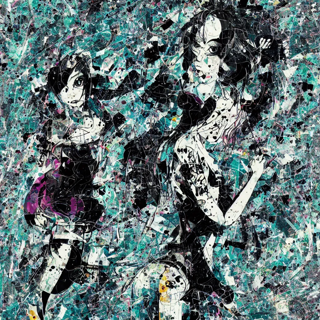 Image similar to girl figure, abstract, jet set radio artwork, ryuta ueda artwork, cryptic, rips, spots, asymmetry, stipple, lines, glitches, color tearing, pitch bending, stripes, dark, ominous, eerie, hearts, minimal, points, technical, natsumi mukai artwrok, folds