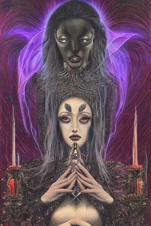 Prompt: mysterious intriguing woman performing third eye ritual, dark theme night time, expanding electric energy waves into the ethereal realm, epic surrealism 8k oil painting, realism portrait, perspective, high definition, post modernist layering, by Ernst Fuchs, Gerald Brom