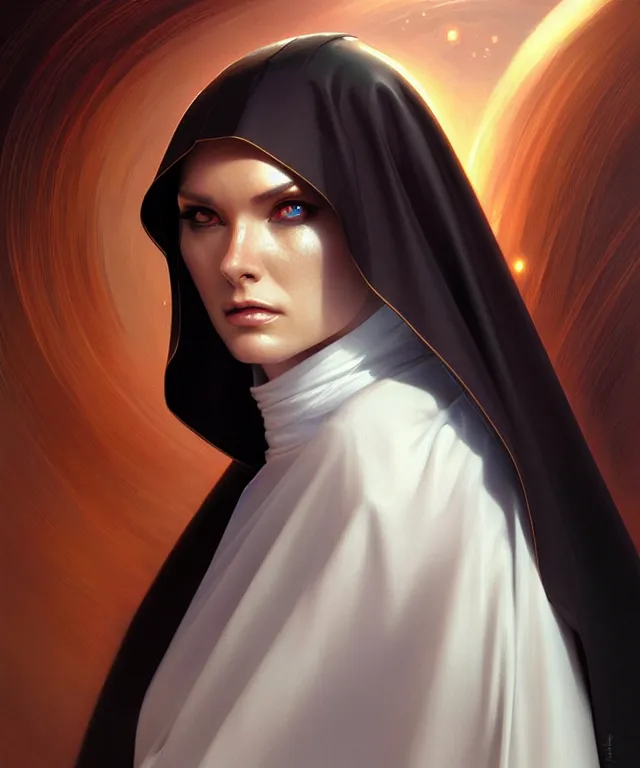 Image similar to futuristic nun woman portrait, sci-fi, amber eyes, face, long hair, fantasy, intricate, elegant, highly detailed, digital painting, artstation, concept art, smooth, sharp focus, illustration, art by artgerm and greg rutkowski and alphonse mucha