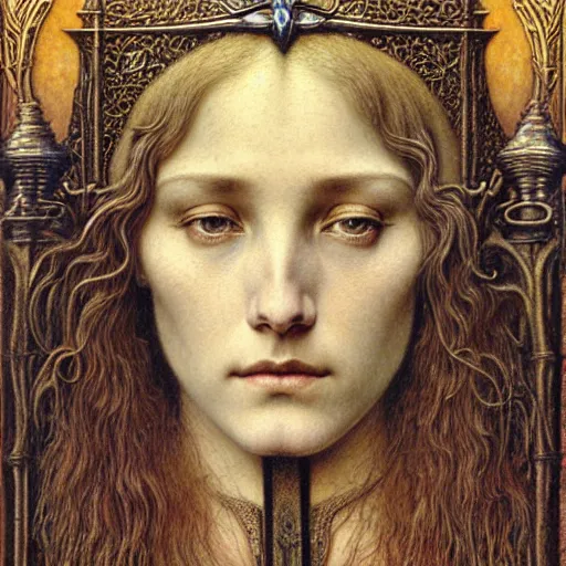 Image similar to detailed realistic beautiful young medieval queen face portrait by jean delville, gustave dore, zdzisław beksinski and marco mazzoni, art nouveau, symbolist, visionary, gothic, pre - raphaelite, art forms of nature by ernst haeckel, memento mori