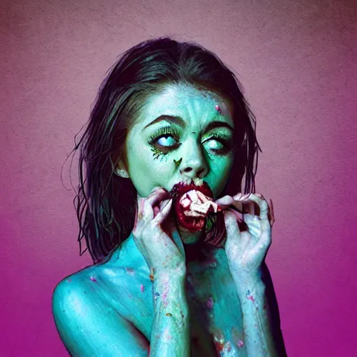 Prompt: zombie sarah hyland eating a clove of garlic, art by beeple