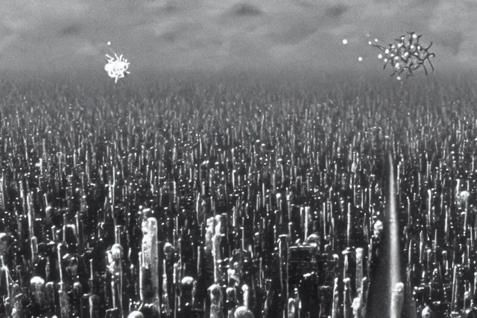 Image similar to still image taken from sci fi horror movie of a giant icosahedral phage attacking a city. low camera angle. 1 9 6 0.