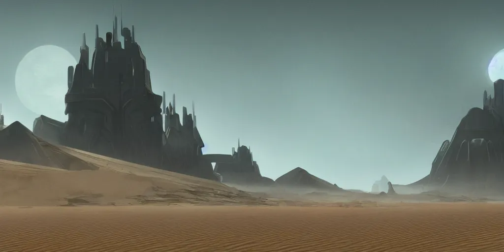 Prompt: dune city and temples of arrakis, arrakeen with trees and water, arab ar architectural and brutalism and gigantism, from frank herbert novels, composition idea concept art for movies, style of denis villeneuve and greg fraiser