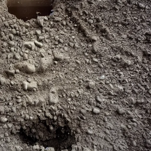 Prompt: Photograph of borehole dug out in the floor of an office cubicle adorned with small effigies