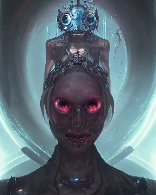 Image similar to portrait of a nightmarish cybernetic Queen of hell, cyberpunk concept art by Peter Mohrbacher and seb mckinnon and Beksiński and FrancisBacon, digital art, highly detailed, intricate, sci-fi, sharp focus, Trending on Artstation HQ, deviantart, unreal engine 5, 4K UHD image