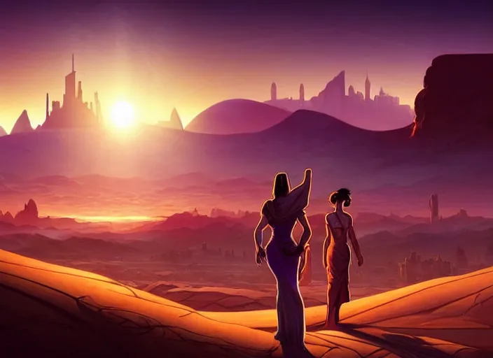 Image similar to science fiction pc game point - and - click adventure, daedalic entertainment, desert with city in the skyline, two suns, purple orange colors, sharp focus, illustration, highly detailed, digital painting, concept art, matte, art by wlop and artgerm and greg rutkowski and alphonse mucha, masterpiece