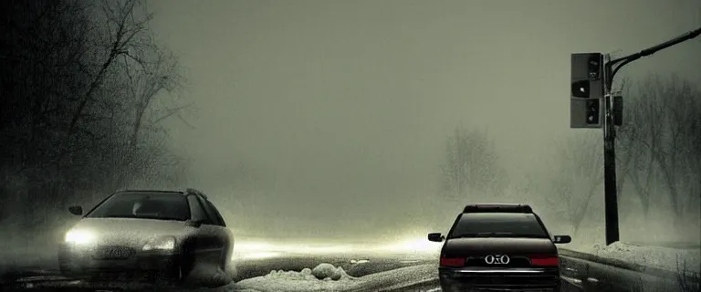 Image similar to Audi A4 B6 Avant (2002), a gritty neo-noir, dramatic lighting, cinematic, eerie person, death, homicide, homicide in the snow, gunshots, establishing shot, extremely high detail, photorealistic, red mist, red fog, chaos, arson, burning city, cinematic lighting, artstation, by simon stalenhag, Max Payne (PC) (2001) winter New York at night, In the style of Max Payne 1 graphic novel, flashing lights, Poets of the Fall - Late Goodbye