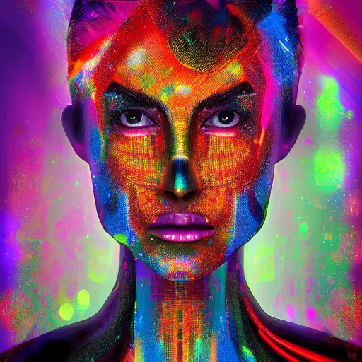 Prompt: portrait painting of a colorful cybernetic woman, fantasy, digital art, pixel sorting