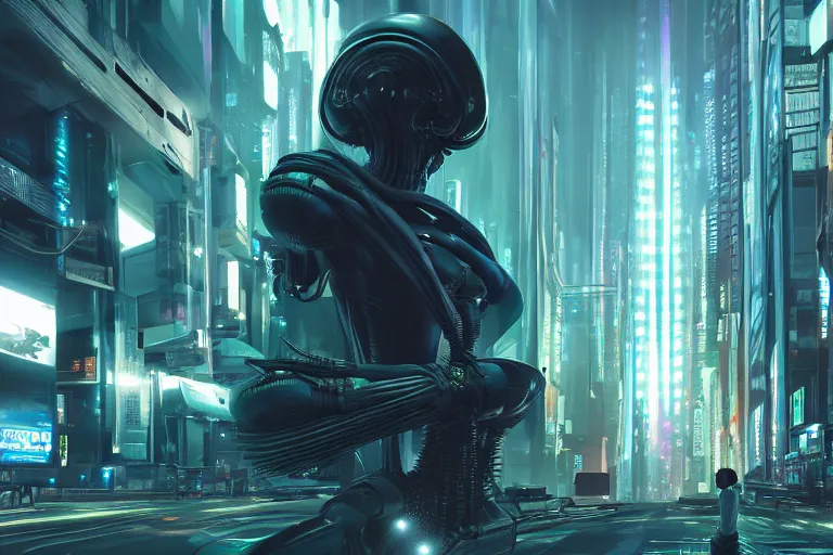 Image similar to cyberpunk alien concept inspired street, futuristic look, highly detailed body, very powerful, photorealistic camera shot, bright studio setting, studio lighting, crisp quality and light reflections, unreal engine 5 quality render