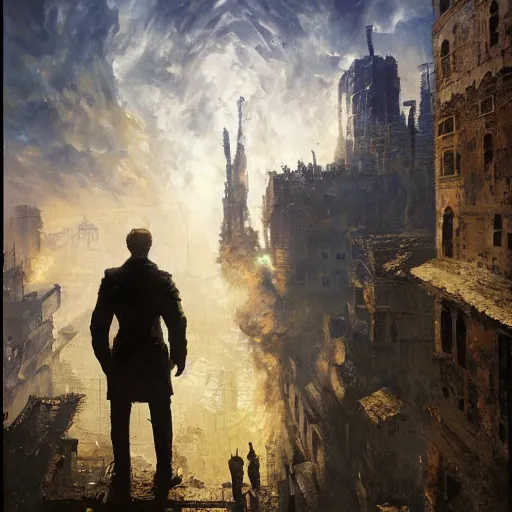 Image similar to Oil painting of a man overlooking town ruins, ashes, burning cathedral, D&D, Magic The Gathering, by Craig Mullins, intricate details, light rays from the surface, Nekro, Victo Ngai, centered, symmetrical, volumetric lighting