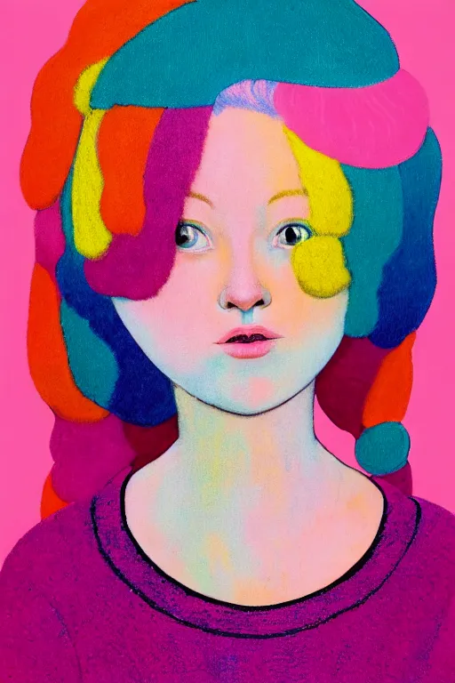 Prompt: an portrait of a girl with pink hair wearing a bright colorful retro sweater, evokes chrysalism painting by mark ryden, and lisa frank