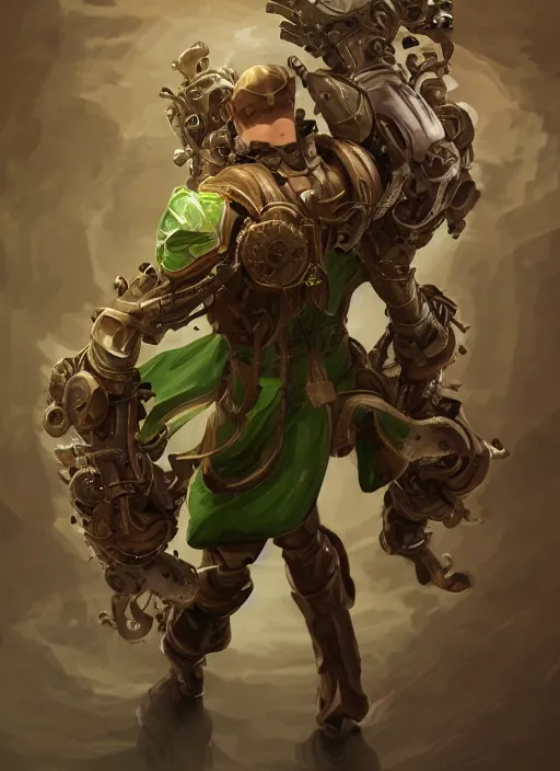 Image similar to a highly detailed illustration of thick wavy brown haired young white guy wearing brown detective trench coat and wearing green face mask, with many mechanical arms on his back, dramatic hands in pocket standing pose, intricate, elegant, highly detailed, centered, digital painting, artstation, concept art, smooth, sharp focus, league of legends concept art, WLOP