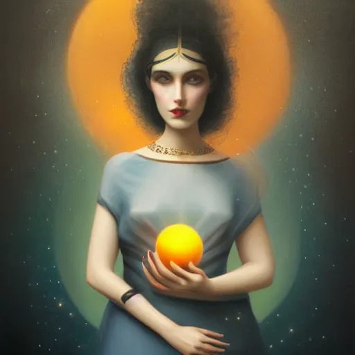 Prompt: the designer of the universe, woman holding a bright ball in her hand, in the style of tom bagshaw