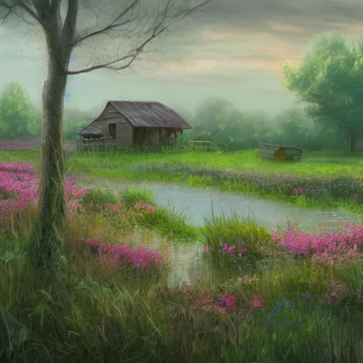 Image similar to a matte painting of a midwestern countryside, shack close up, river, overgrown, patchy flowers, oil painting, pale colors, high detail, 8 k, wide angle, trending on artstation,