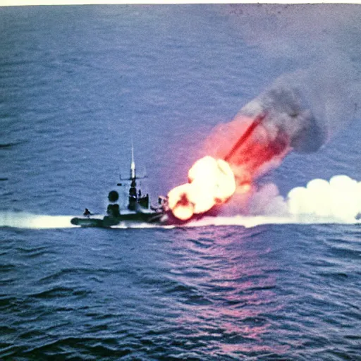 Image similar to first person view from the deck of a batteship firing a broadside, kamikaze planes diving, world war ii, high resolution colour photo