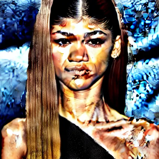 Image similar to zendaya eating hair, hyper realistic, hyper detailed, coherent, 4 k, wallpaper