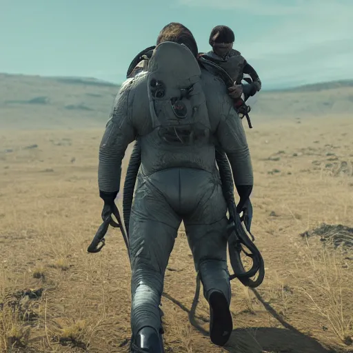 Prompt: death stranding game, a astronaut walks on the ground, walks hard, heavy load, carries a horse on his back, heavy horse, a horse in the air, a horse riding an astronaut, games lag, lag in the game, unreal engine 5, artstationhd, 4 k, 8 k, 3 d render, 3 d houdini, cinema 4 d, octane,