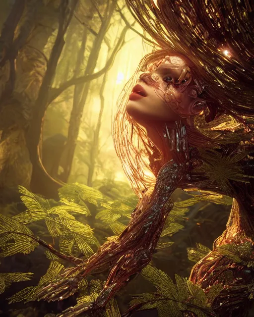 Image similar to beauteous sumptuous biomechanical incredible hair, crystalline masterpiece incrustations, hyperdetailed face, 4 k oled projected retinal overlays, elegant pose, movie still, intricate, octane render, cinematic forest lighting, cgsociety, unreal engine, crepuscular rays, god rays