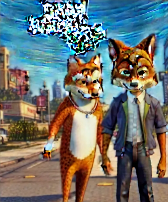 Image similar to Grand Theft Auto: San Andreas loading screen featuring Nick Wilde (from Zootopia)