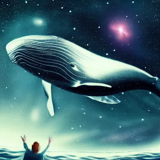 Prompt: portrait of whale swimming on a dark night sky in space, flying across the universe, galaxies, oniric, dreamy, beautiful, highly detailed, realistic, cinematic, dynamic composition, trending on artstation