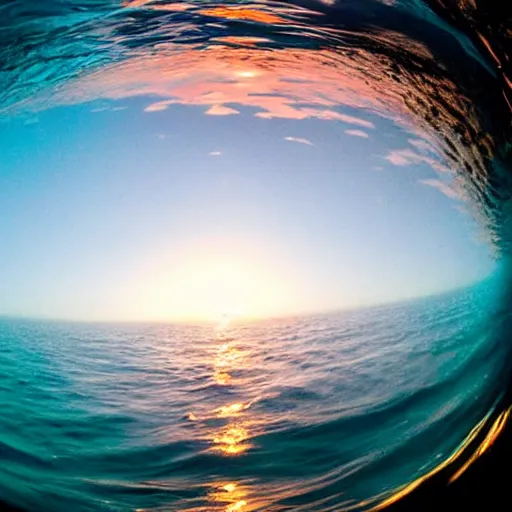 Prompt: the sunrise as viewed from the bottom of the ocean, under water