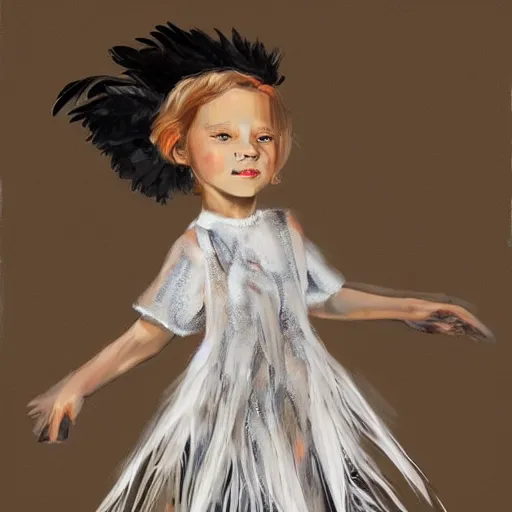 Image similar to little girl wearing an dress made of black feathers, artwork made by ilya kushinov