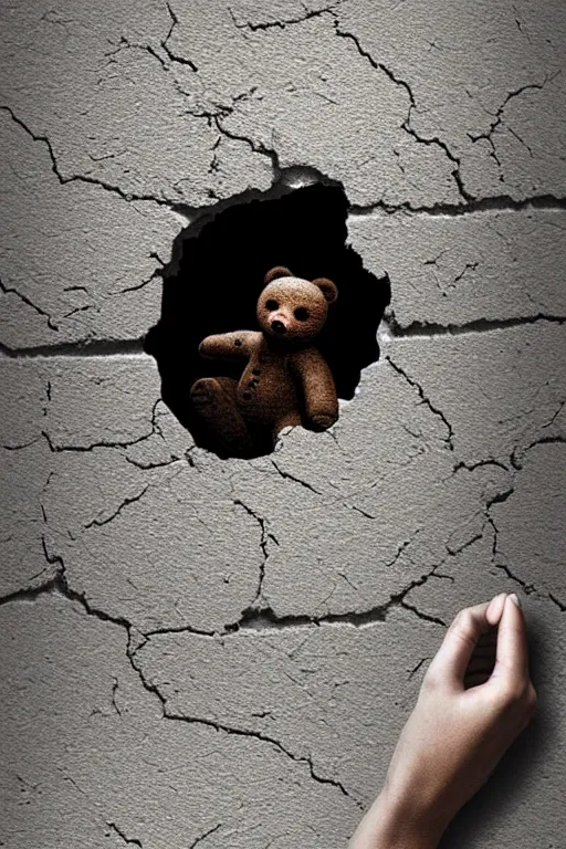 Image similar to giant crack hole on the brick concrete wall, hand coming from inside the crack reaching towards camera hand is holding a dirty ealistic teddybear. gloomy, intricate, elegant, highly detailed, digital painting, artstation, concept art, addiction, chains, smooth, sharp focus, illustration, art by ilja repin