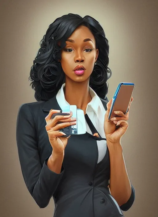 Image similar to detailed digital painting of beautiful black woman in corporate attire juggling cell phones manila folders coffee mugs, fanart behance trending on artstation, concept art, matte, sharp focus, illustration, corporate office atmosphere, hearthstone, art by artgerm and greg rutkowski and alphonse mucha