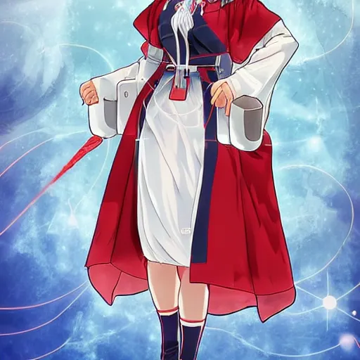 Prompt: dr. eirin yagokoro is a tall female lunarian sage appearing in her late thirties with dark grey eyes and long white hair in a large single braid. she wears a red and blue two - tone dress decorated with constellations and wears a matching nurse cap