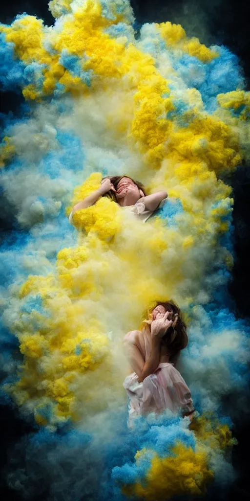 Image similar to woman crying covered in yellow and blue clouds, by kim keever