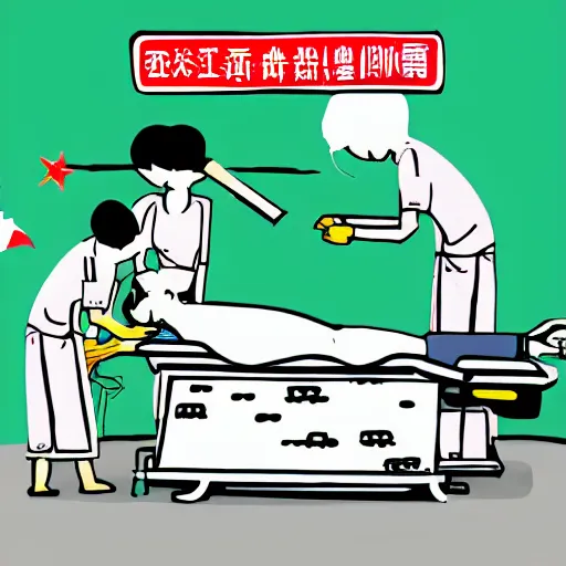 Image similar to chinese surgery operating table, in the style of daniel johnston and outsider art, 8k, line brush, overlaid with chinese adverts