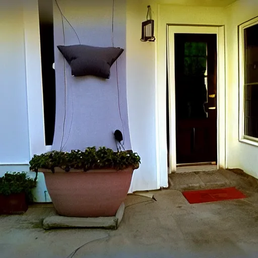 Image similar to Security camera photo a flying pillow, photo was taken in front of someone front door, realistic, low resolution, 720p x 480p.