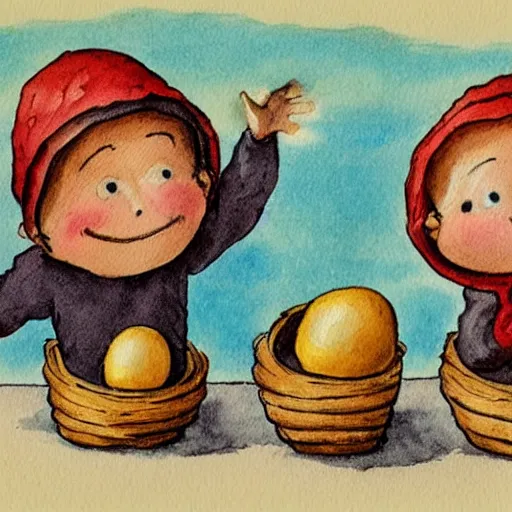 Prompt: two orphans with hats and middle ages simple clothes, holding eggs with their arms, running from a flying angry chicken loosing wings, illustration for children, watercolor on grainy paper,. accurate anatomy. symmetry. n - 4