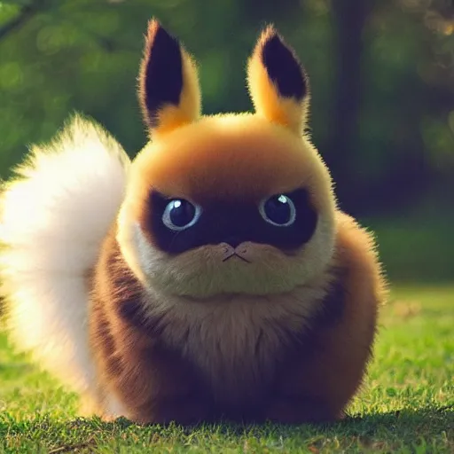 Image similar to real life pokemon, cute!!!, content!!!, mischievous!!!, adorable!!!, fluffy!!!, ultra realistic!!!, golden hour, sharp focus