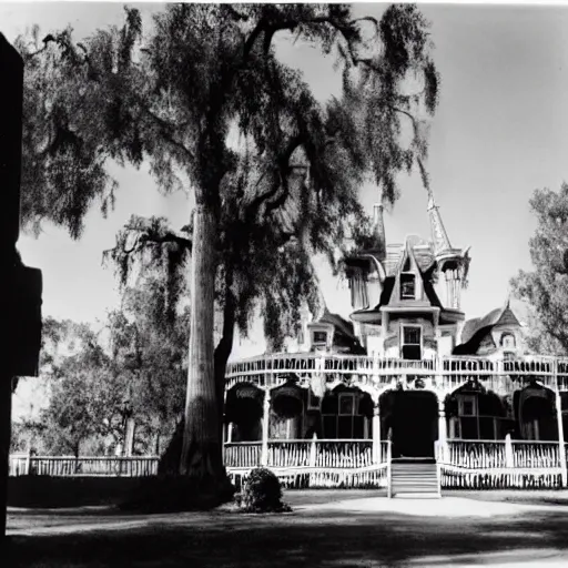 Prompt: diane arbus photo of the haunted mansion at disneyland,