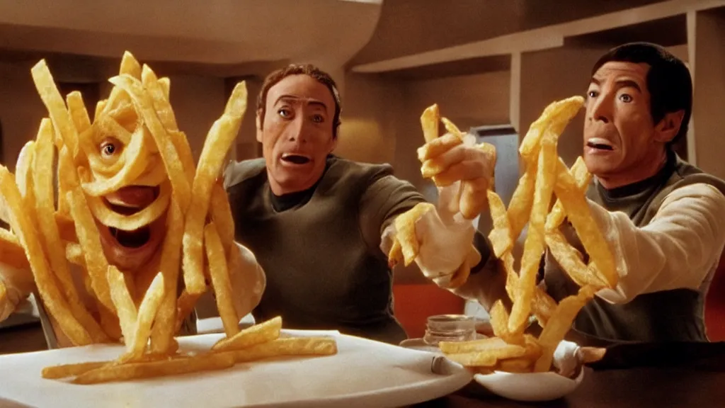 Image similar to french fry monster fighting Star Trek Characters, film still from the movie directed by Denis Villeneuve with art direction by Salvador Dalí, wide lens