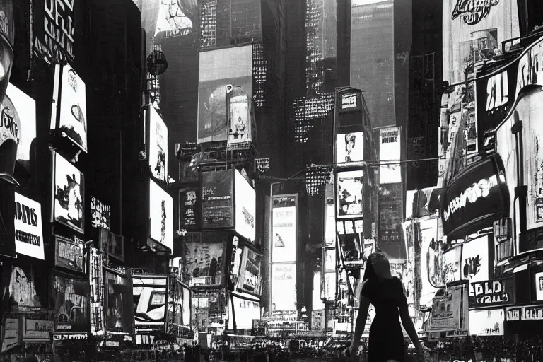 Image similar to an intricate, awe inspiring cyberpunk photograph of a girl with balloon, Times Square, by Ansel Adams ((black and white))