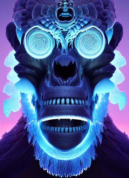 Image similar to 3 d ape shaman profile portrait, sigma 5 0 0 mm f / 5. beautiful intricate highly detailed quetzalcoatl skull and feathers. bioluminescent, plasma, lava, ice, water, wind, creature, thunderstorm! artwork by tooth wu and wlop and beeple and greg rutkowski, 8 k trending on artstation,