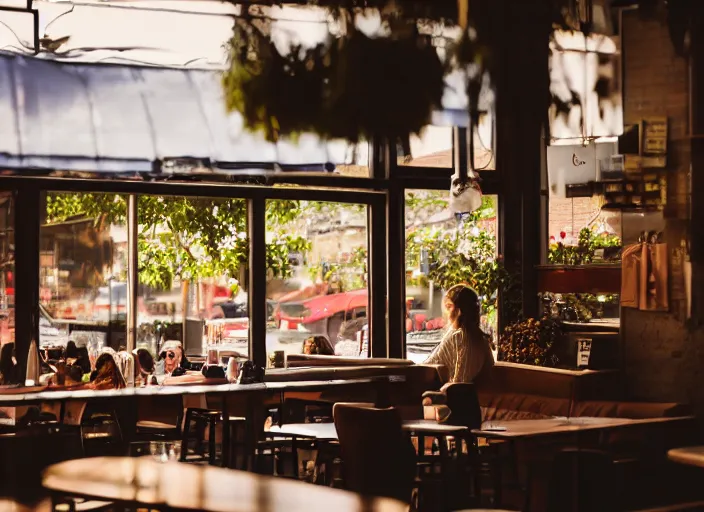 Image similar to a 3 5 mm photo of a trendy cafe in the morning, bokeh, canon 5 0 mm, cinematic lighting, film, photography, golden hour, depth of field, award - winning