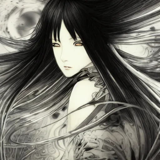 Image similar to yoshitaka amano blurred and dreamy illustration of an anime girl with black eyes, wavy white hair fluttering in the wind wearing elden ring armor and engraving, abstract black and white patterns on the background, noisy film grain effect, highly detailed, renaissance oil painting, weird portrait angle, blurred lost edges, three quarter view