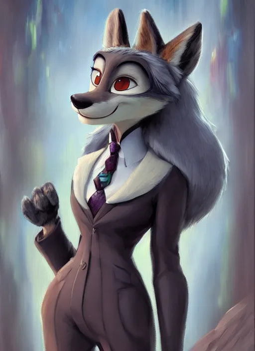 Image similar to oil painting of detailed full body of anthromorphic female wolf, in style of zootopia, zootopia, zootopia, fursona, furry, furaffinity, 4 k, deviantart, furry art, fursona art, wearing black business suit, business suit, in style of zootopia, wolf fursona, cyberpunk, female, expressive detailed feminine face,