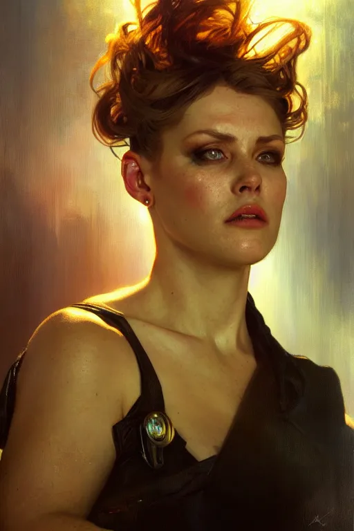 Prompt: hyperrealist portrait of lady terminator. by jeremy mann and alphonse mucha, fantasy art, photo realistic, dynamic lighting, artstation, poster, volumetric lighting, very detailed faces, 8 k, award winning, golden hour