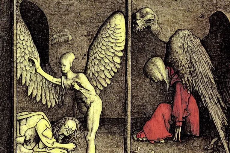 Image similar to fallen angel begs to enter the gates of hell by moebius and hieronymus bosch